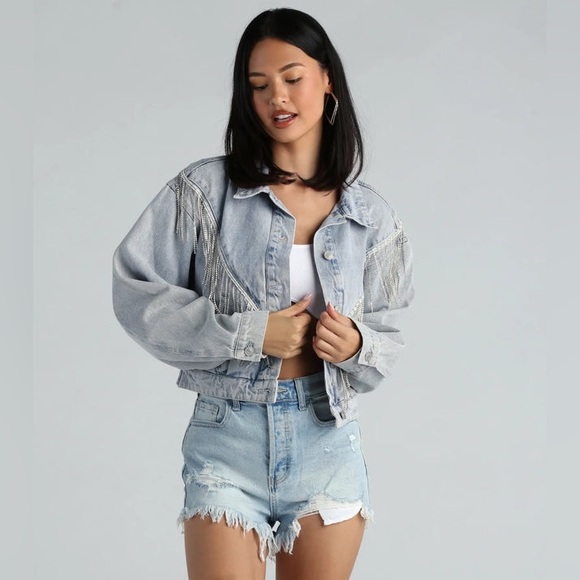 Windsor Rocker-Chic Rhinestone Fringe Denim Jacket, size L - Picture 2 of 14